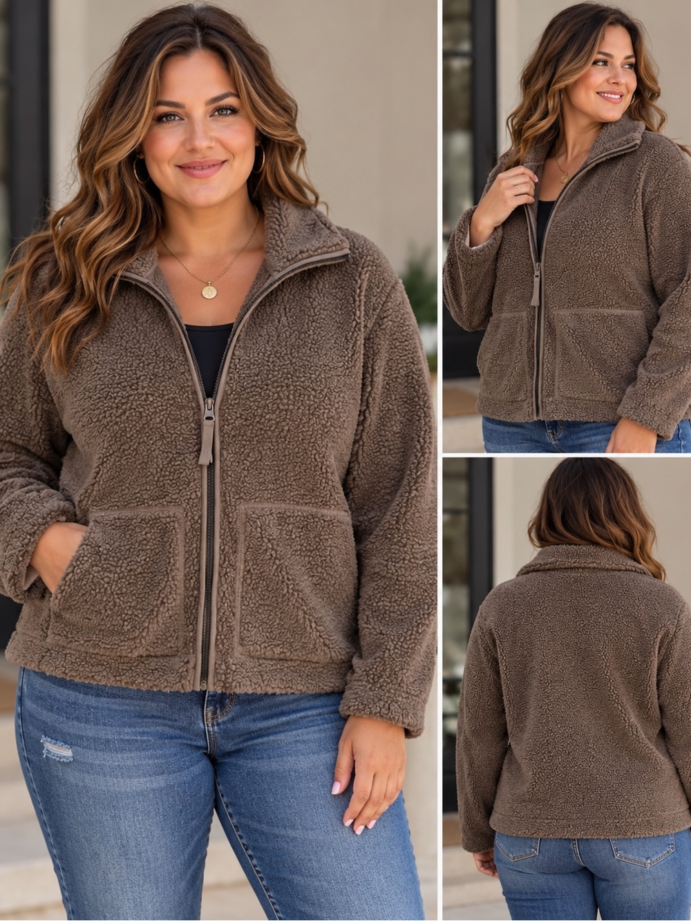 H&M Cozy Teddy Zip-Front Jacket — Taupe Brown